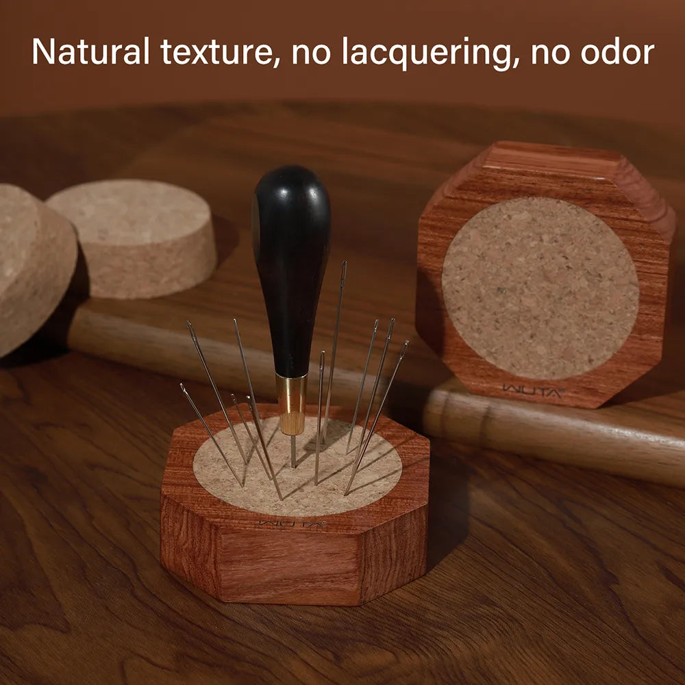 WUTA Round Wood Cork Pin Cushion – Elegant Rosewood Base for Leathercraft Storage