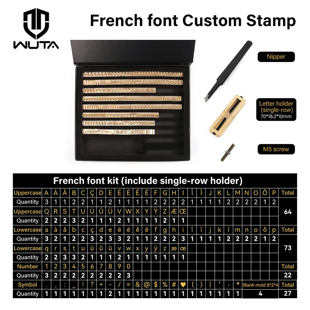 Customized French Fonts Brass Stamping Letters Kits Numbers Alphabets Symbols Characters Embossing Molds Logo for Hot Foil Stamping Machine | WUTA