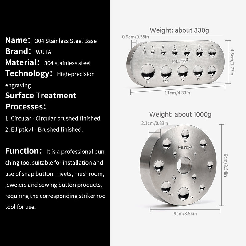 Snap Button Leather Craft Tools Rivet Setter Base 3/4/5/6/7/8/9/10/11/12/12.5/15mm | WUTA