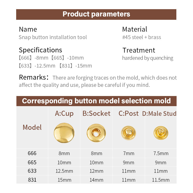 Snap Button Setter Installation Mold Die Tools Fastener Fixing Tool Kit 8/10/12.5/15mm Available | WUTA
