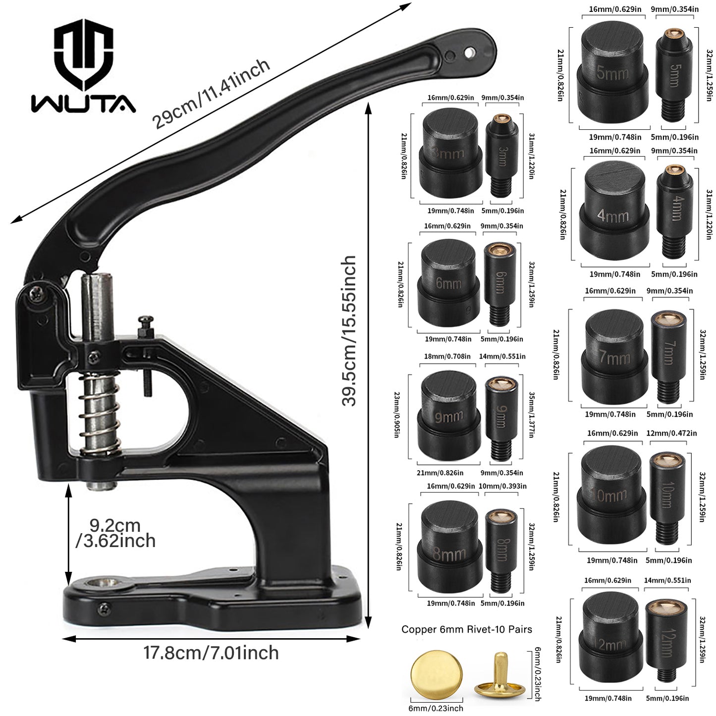 WUTA Manual Hand Press Tool for Snap Buttons, Rivets & Eyelets Installation Tool