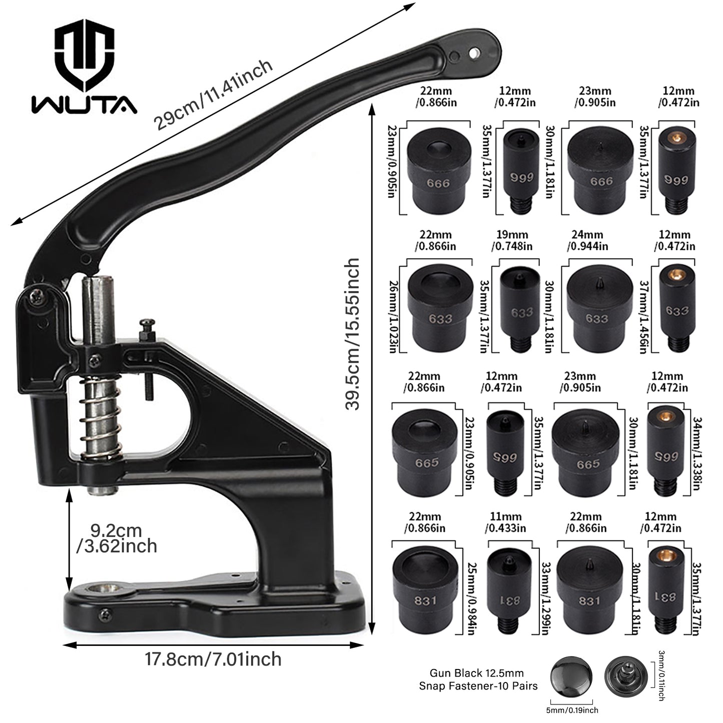 WUTA Manual Hand Press Tool for Snap Buttons, Rivets & Eyelets Installation Tool