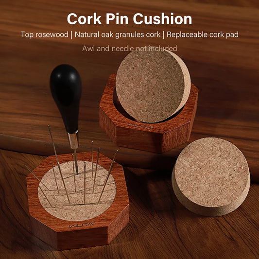Round Wood Cork Pin Cushion Octagon Rosewood Base Insertion Storage Tools| WUTA