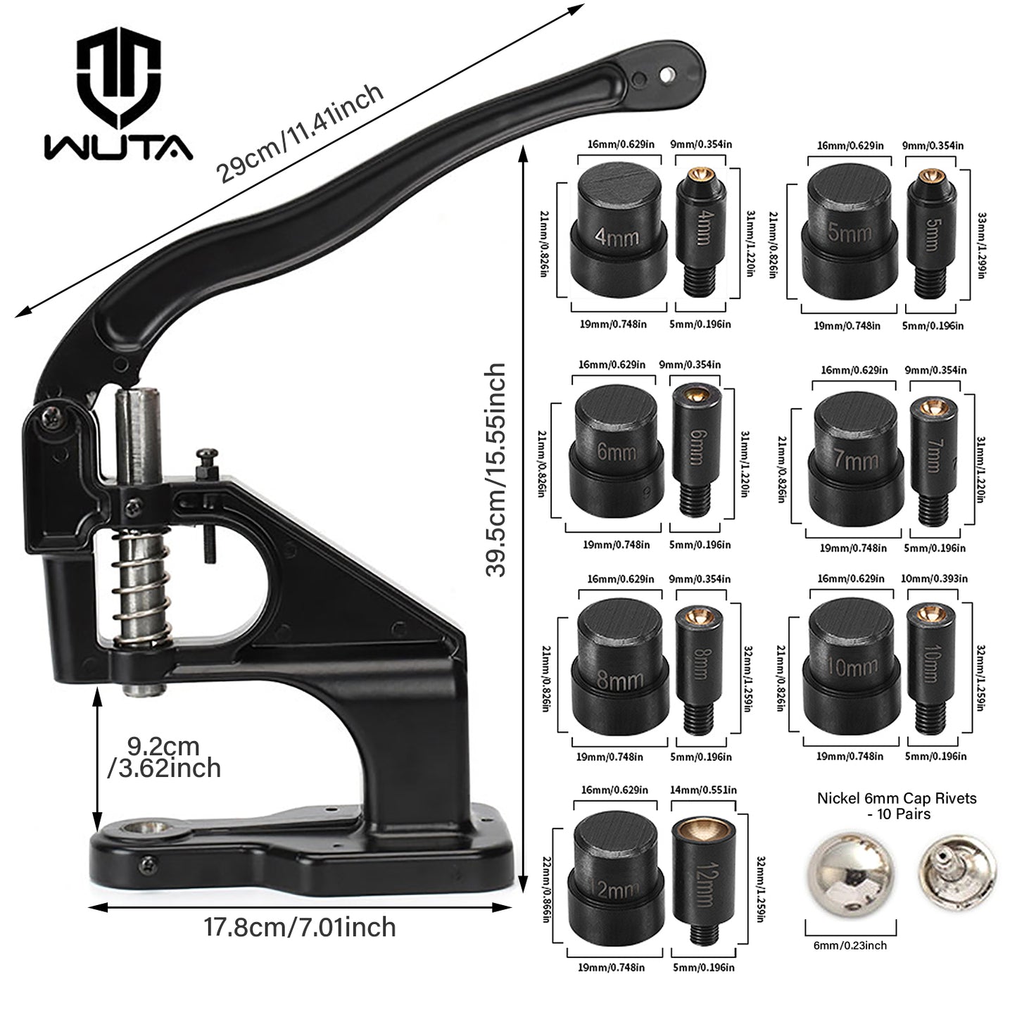 WUTA Manual Hand Press Tool for Snap Buttons, Rivets & Eyelets Installation Tool