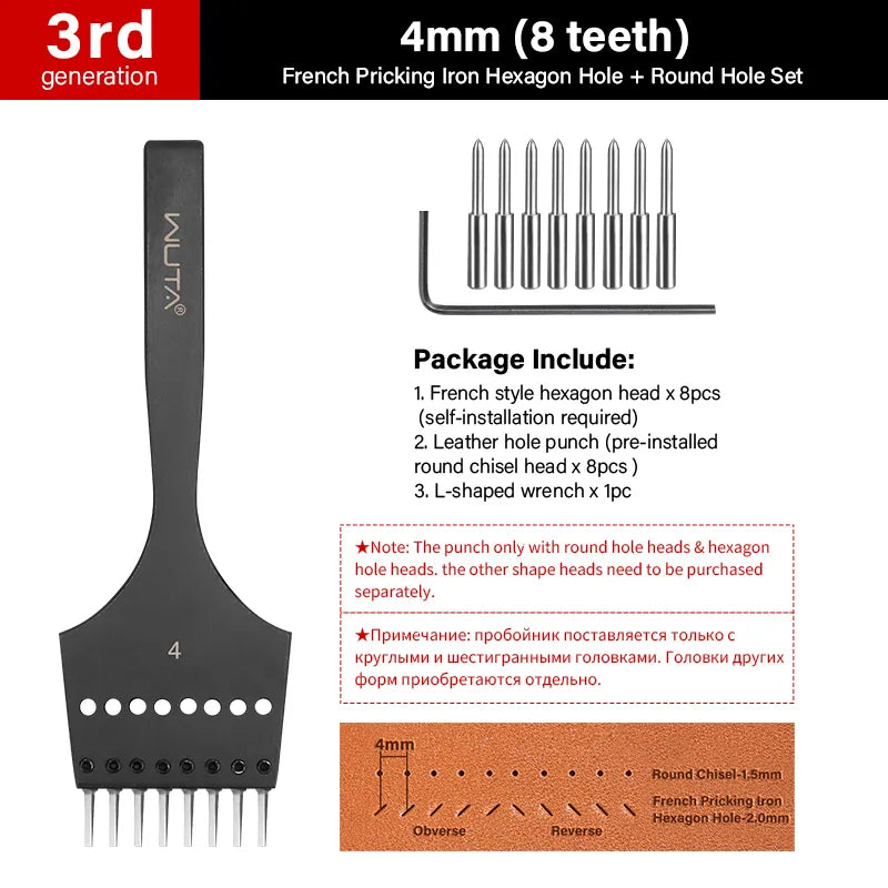 WUTA Interchangeable Leather French Style Pricking Iron – Hexagonal & Round Hole Punch