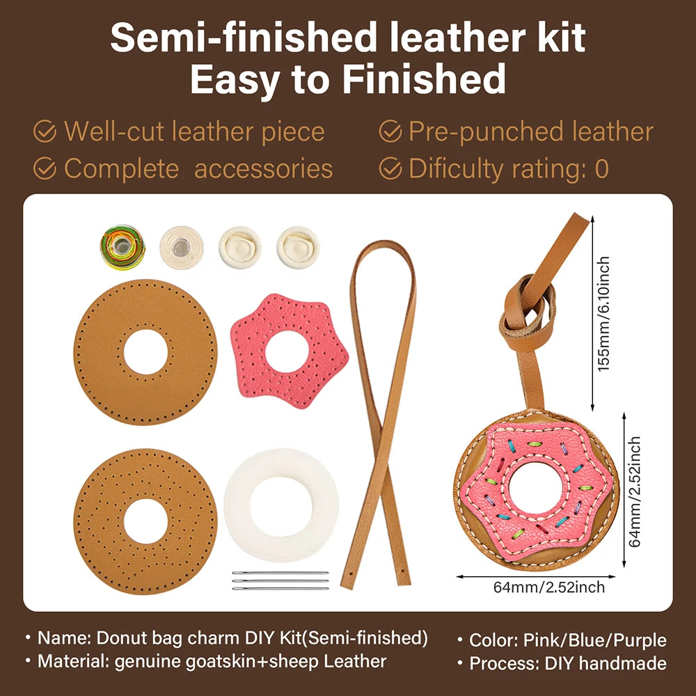 Semi-finished Leather Kit for DIY Donut Bag Charm Pendant Material Genuine Leather Bags Pendants Donuts Cute Gift
