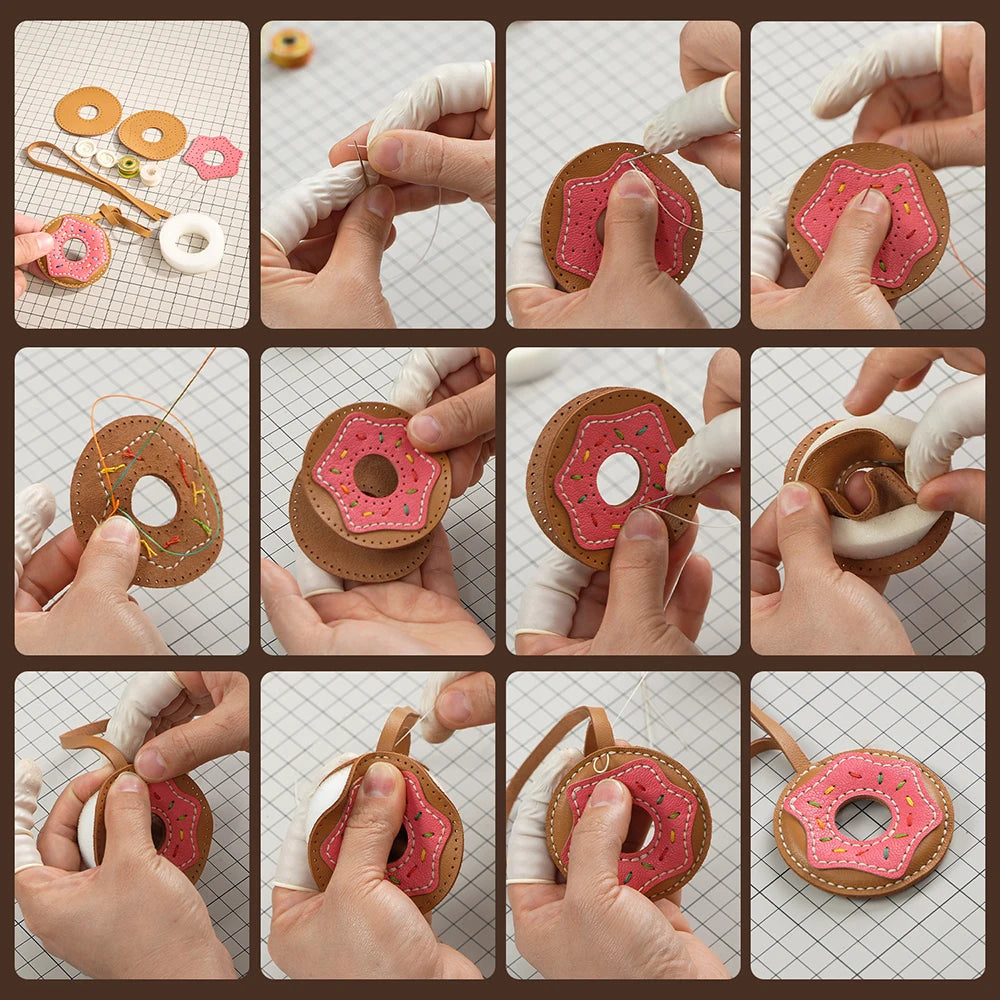 Semi-finished Leather Kit for DIY Donut Bag Charm Pendant Material Genuine Leather Bags Pendants Donuts Cute Gift
