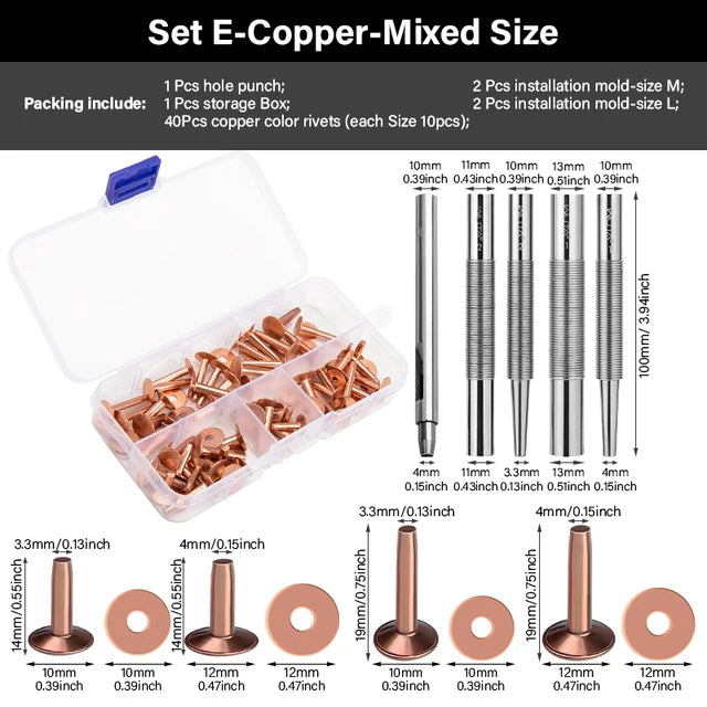 43 Pcs Pure Copper Rivets and Burrs set,Brass Installation Tool | WUTA