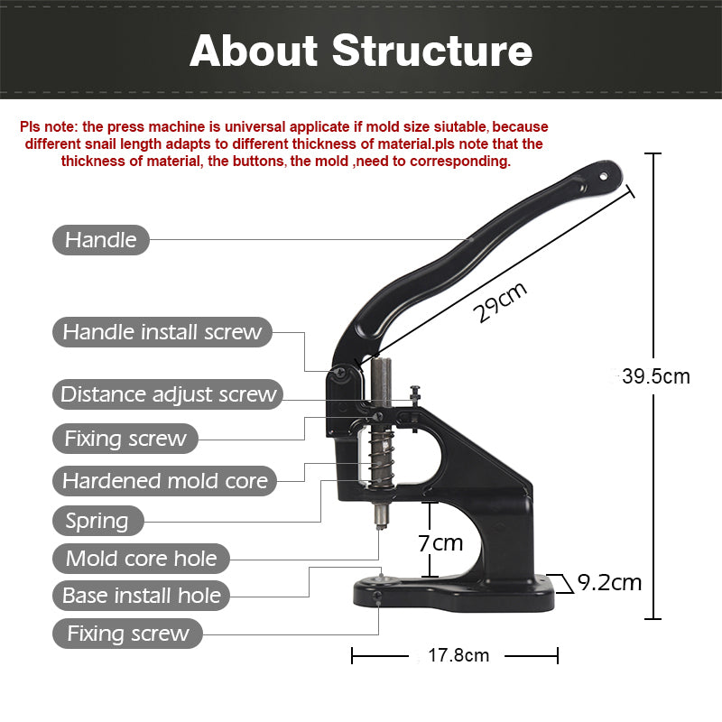 WUTA Nuovo strumento di installazione manuale Stampaggio, bottoni, dispositivi di fissaggio, macchina per pressa per occhielli Macchina per pressatura manuale a scatto muto Strumento per artigianato domestico