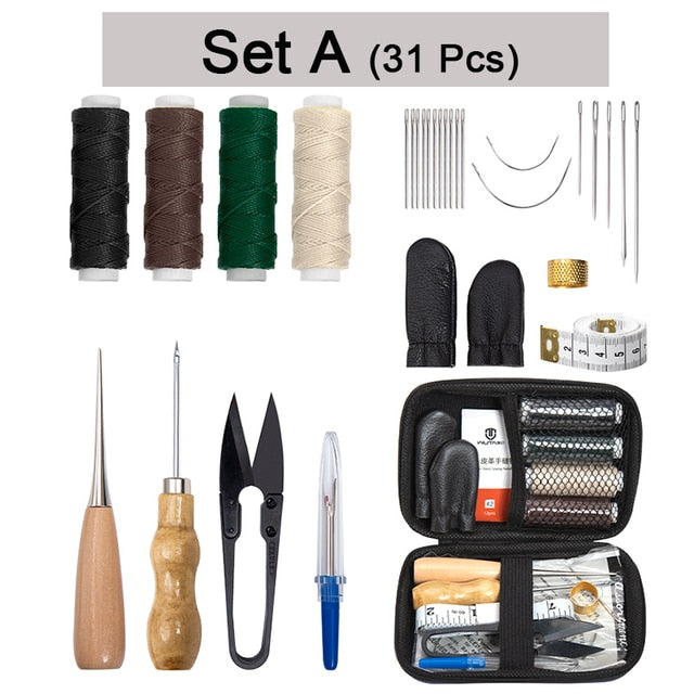Sewing Kit with Leather Awl, Needles, Thimble & Heavy Duty Thread